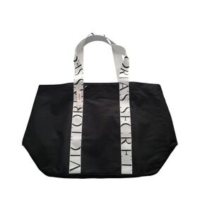Victorias Secret Black Canvas Tote Bag Logo Straps Leopard Lining NWT